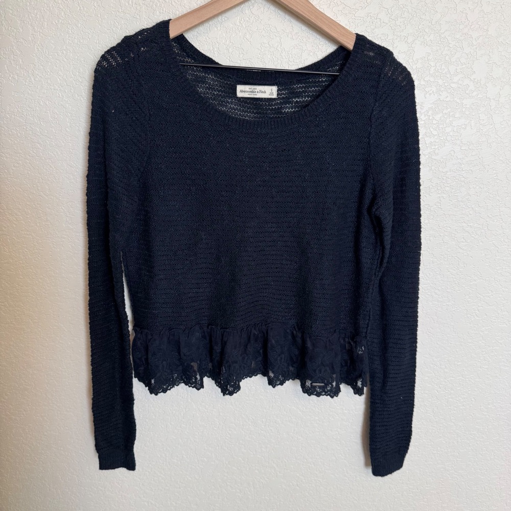 Y2K Coquette Vintage Abercrombie Lace Trim Cropped Sweater Small Navy Blue